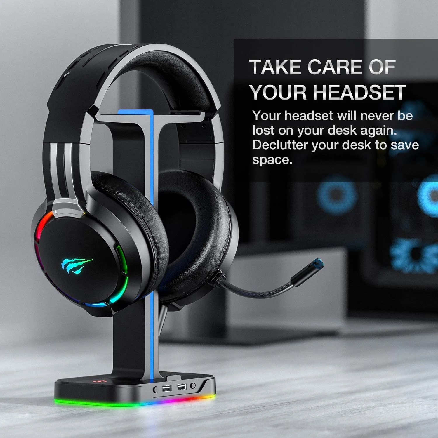 HAVIT TH650A RGB Gaming Headset & Dual Hanger Headphone Stand Set with Phone Holder & 2 USB Ports - Image 9
